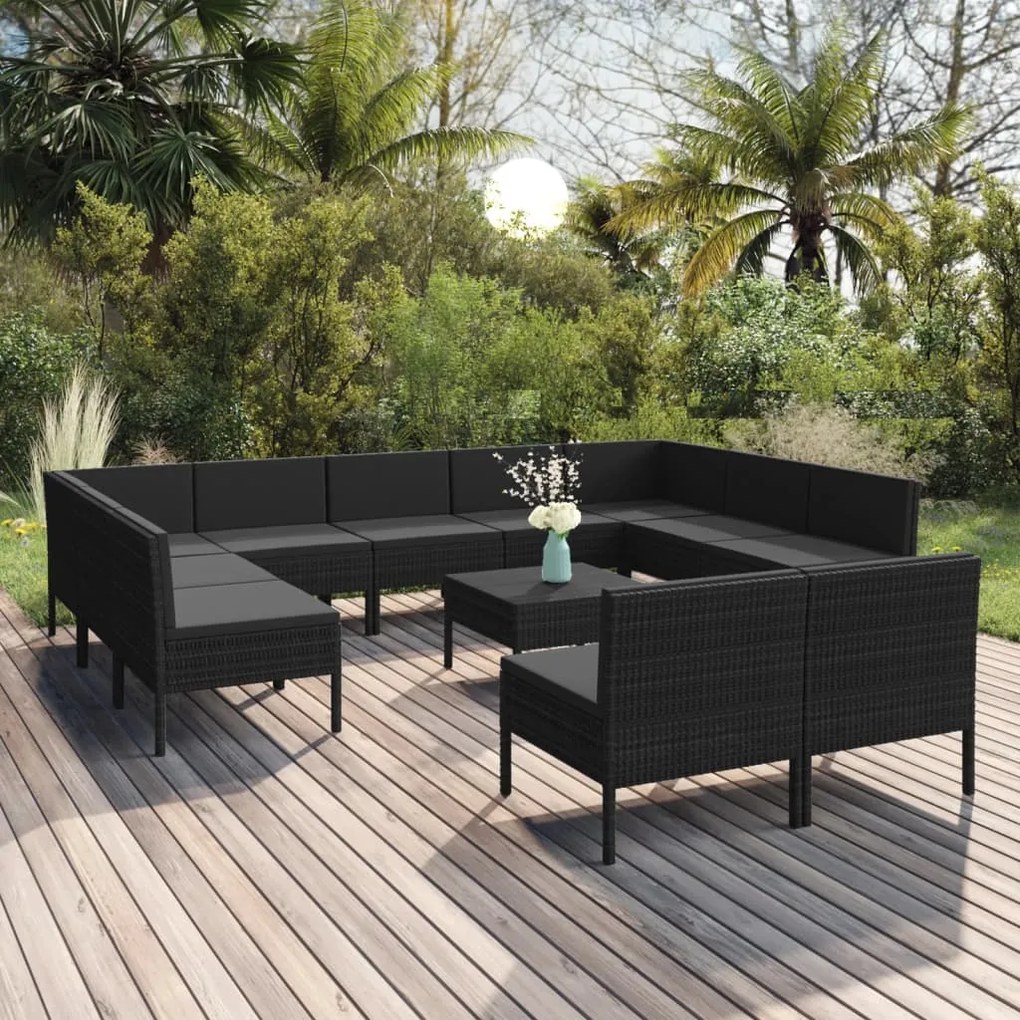 vidaXL 12 pcs conjunto lounge de jardim c/ almofadões vime PE preto