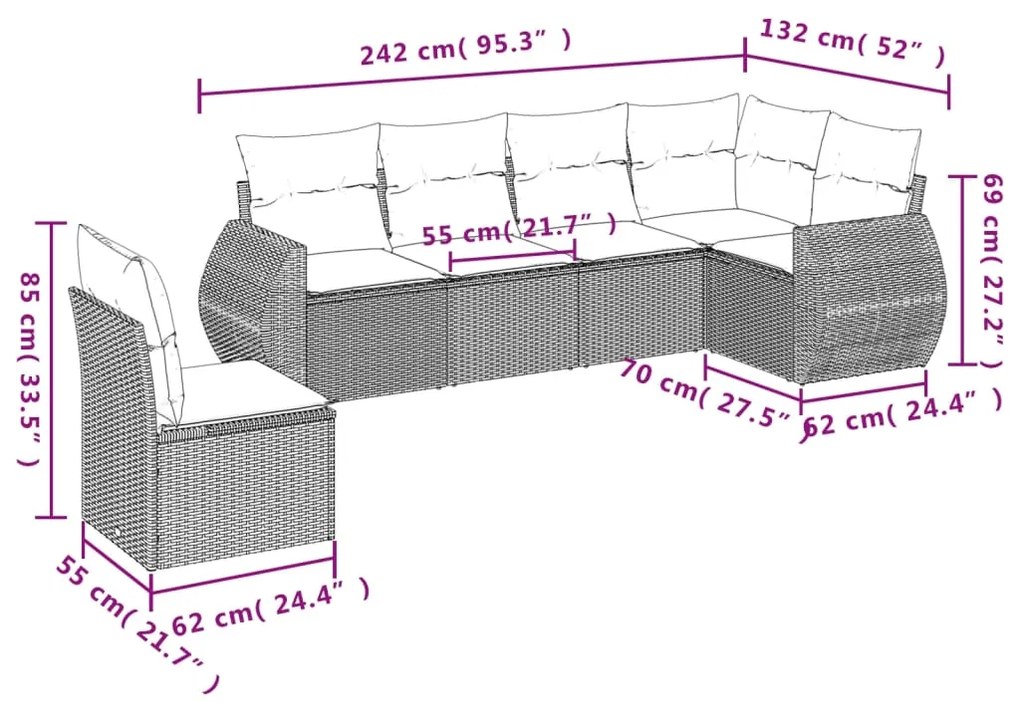 6 pcs conjunto de sofás jardim c/ almofadões vime PE castanho