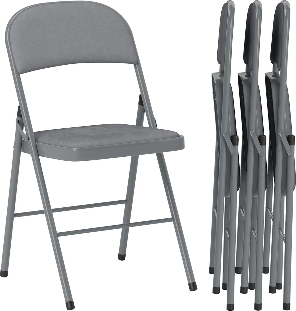 Conjunto de 4 cadeiras dobráveis e portáteis para interior (MESA NÃO INCLUIDA), com assentos e encostos estofados em veludo, estrutura em aço, cinzent