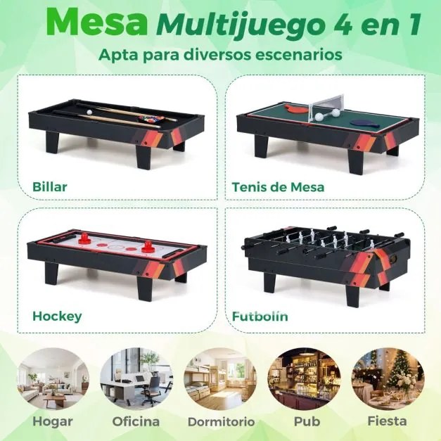 Mesa de jogos 4 em 1 81 x 43 x 30,5 cm com matraquilhos, bilhar, pingue-pongue e hóquei para crianças Preto