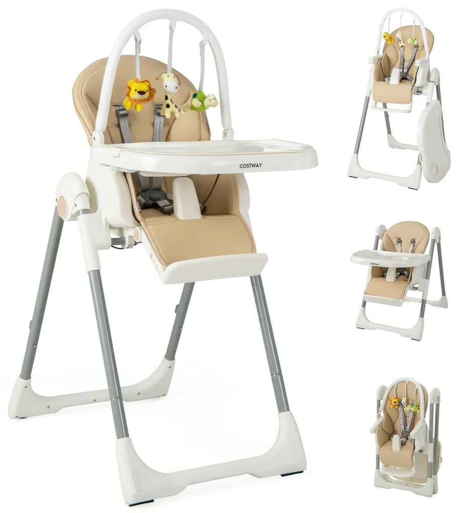 Cadeira refeição alta dobrável 4 em 1 para bebé com apoio para os pés retrátil de 7 alturas, rodas com travão, almofada removível 78 x 52,5 x 104,5 cm