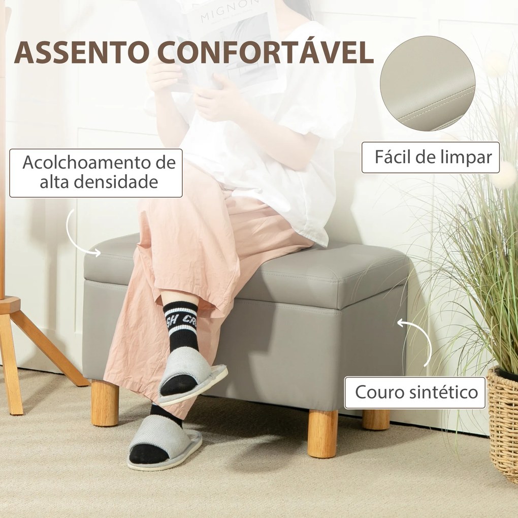 Baú de Armazenamento para Dormitório 33L Puff de Armazenamento Estofado em PU Banco de Arrumação 60x38x40 cm Cinza Claro