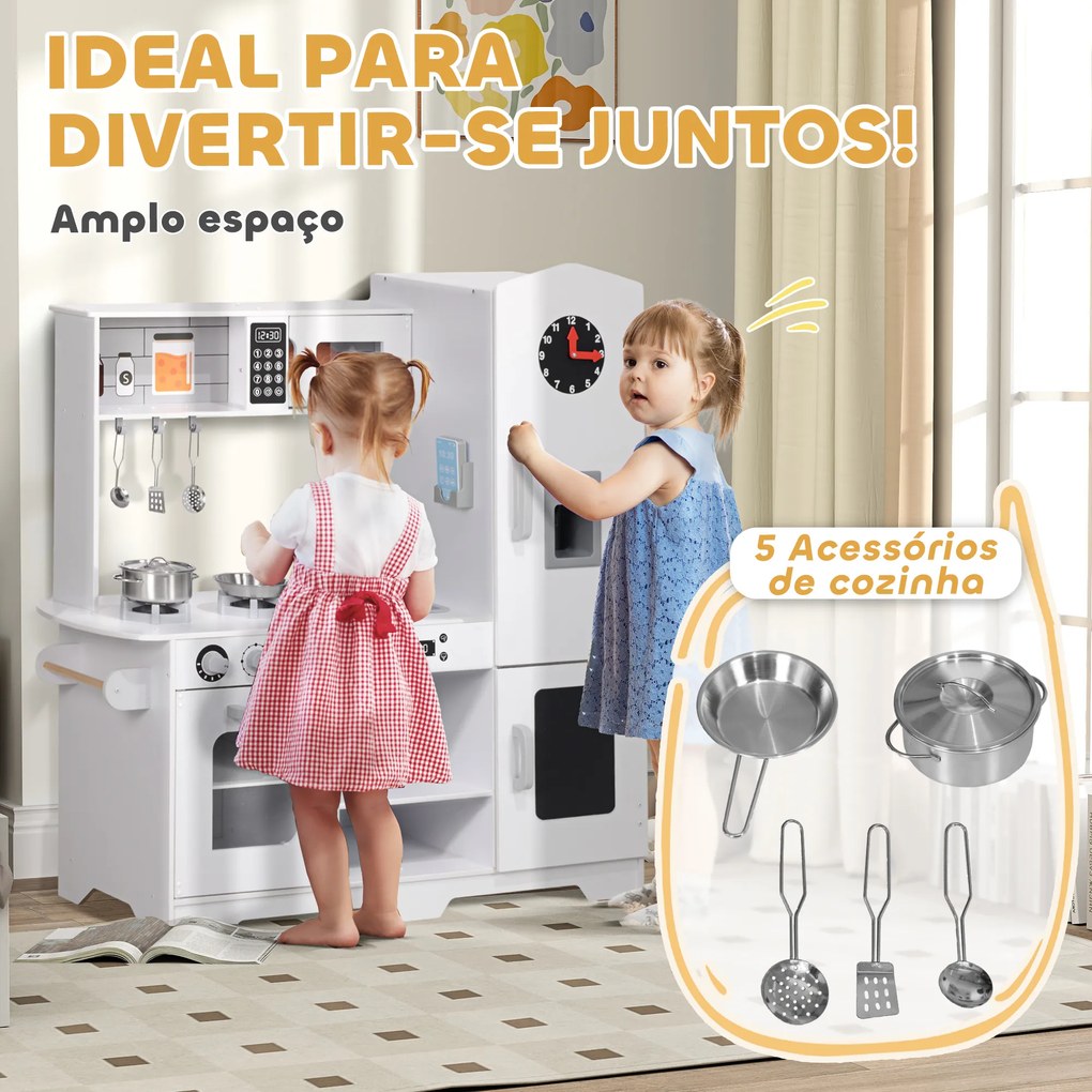 Cozinha de Madeira para Crianças com Fogão Lavatório Micro-Ondas Relógio Máquina de Gelo e Acessórios 100,5x41x110 cm Branca