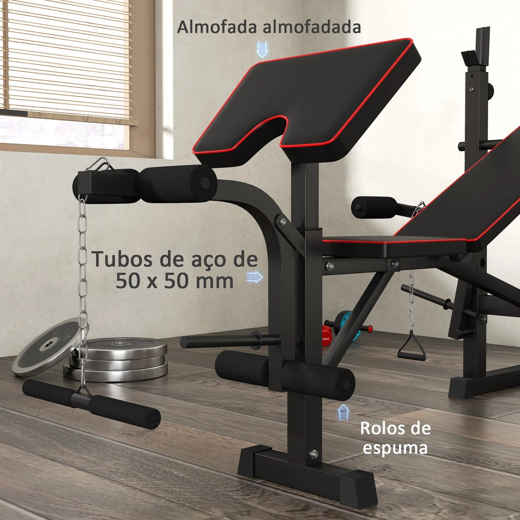Banco de Musculação Dobrável Banco Multifunções com Suportes para Barras e Encosto Ajustável para Treino Completo de Corpo Preto