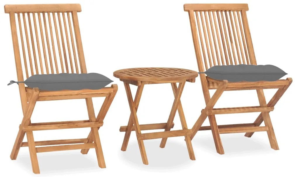 3 pcs conj. jantar dobrável exterior c/ almofadão teca maciça
