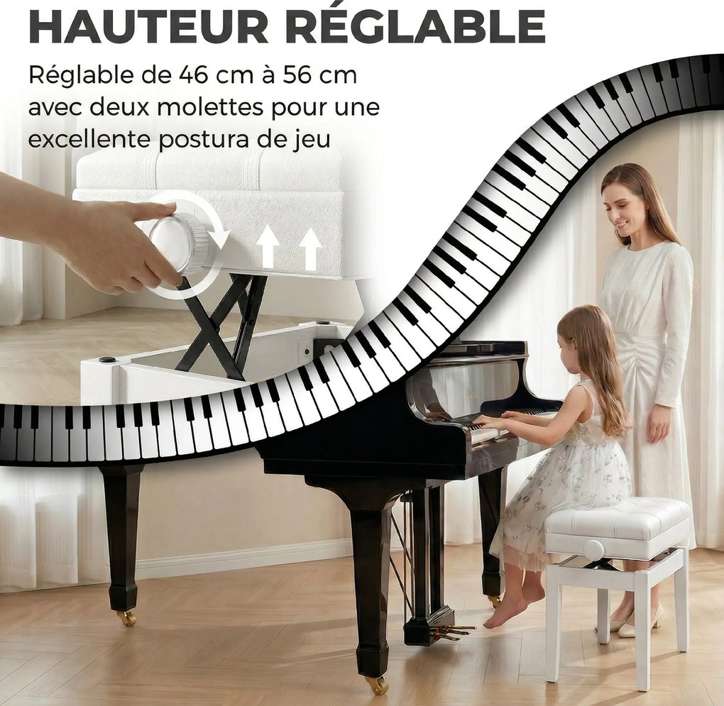 Banco de piano com baú integrado, altura ajustável, em madeira de seringueira, assento com revestimento sintético branco