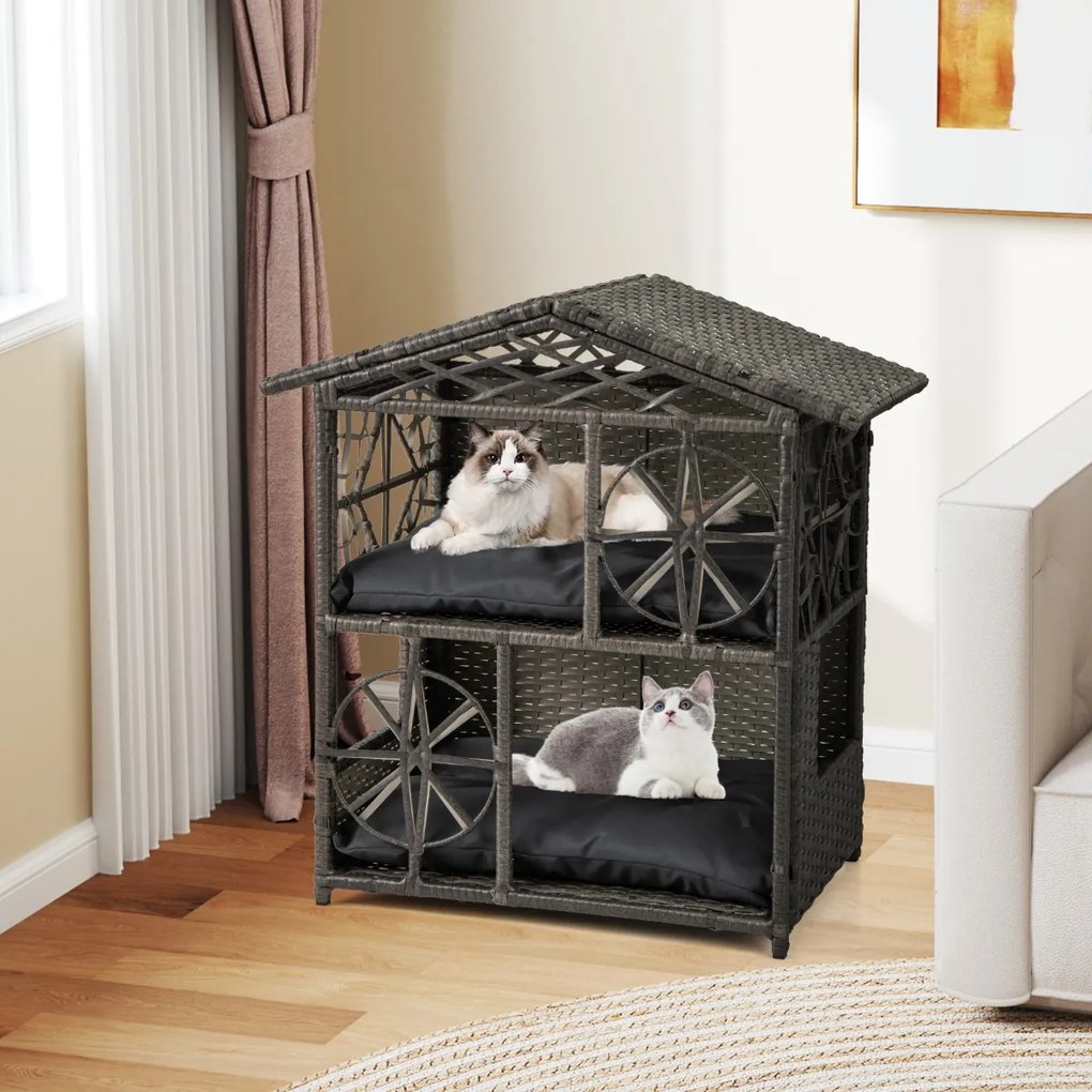 Casa para gatos em vime de 2 andares 69 x 40,5 x 70 cm com almofadas removíveis, teto, janelas e portas com sombra cinza.