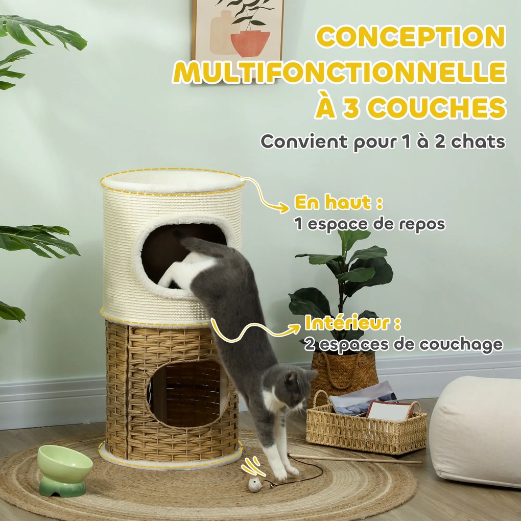Compartimento aberto para gatos de interior com 3 níveis, torre para gatos com arranhador de sisal Ø 40 x 80 cm, creme