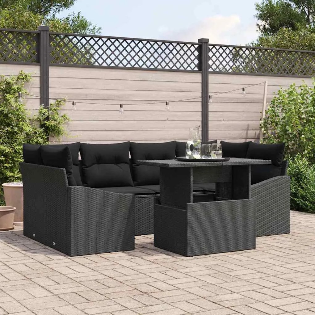 vidaXL Sofá de Jardim 7 Peças com Almofadas Pretas em Rattan