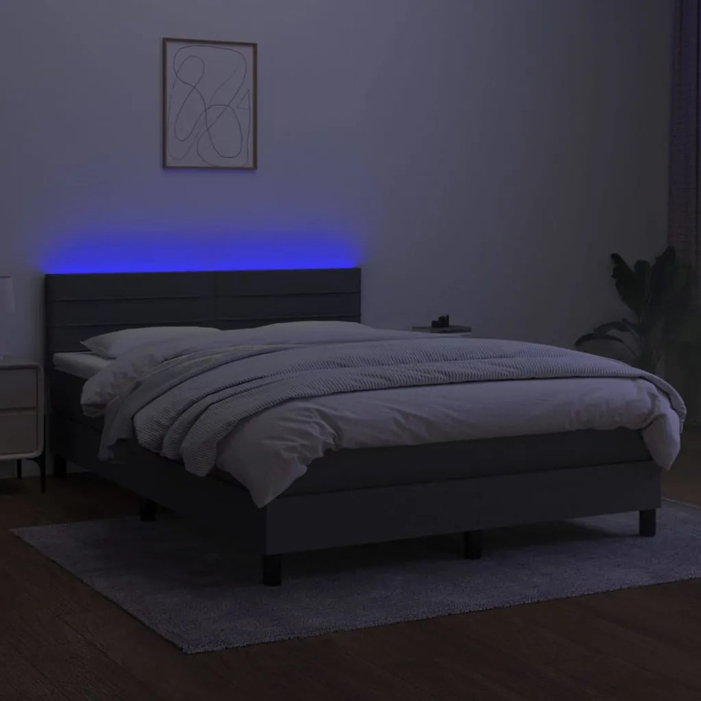 Cama box spring c/ colchão e LED 140x200 cm tecido cinza-escuro