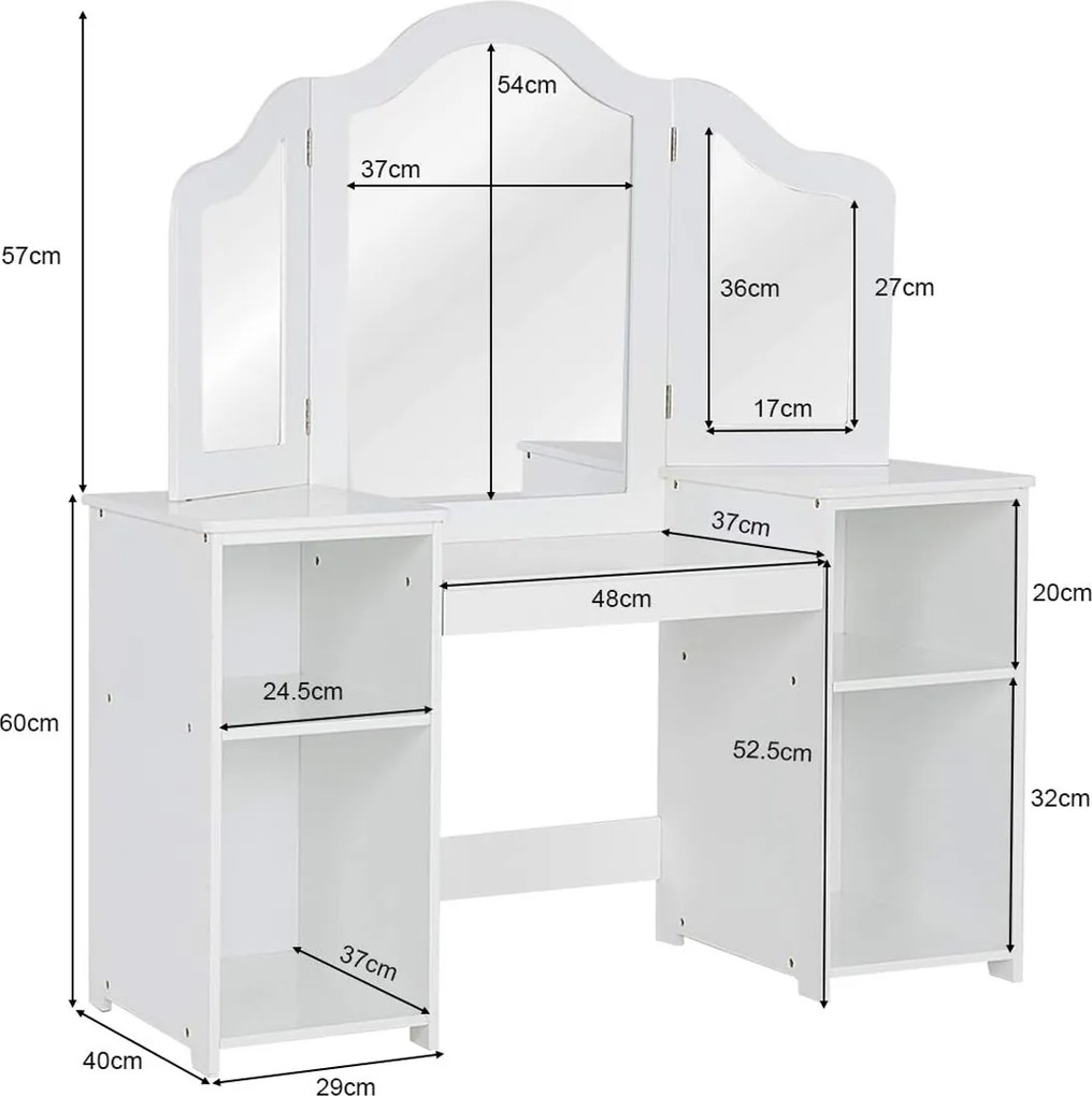 Toucador de brincar 2 em 1 desmontável com mesa de maquilhagem e secretária 4 prateleiras grandes e espelho de 3 painéis para meninas Branco