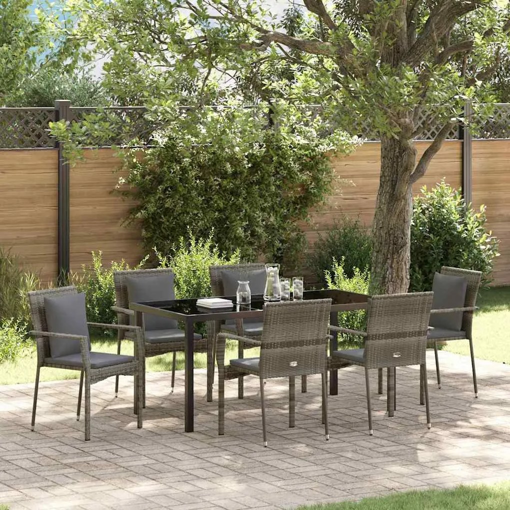 vidaXL Conjunto de Jantar de Jardim com 7 Peças e Almofadas Cinzas em Rattan Sintético.