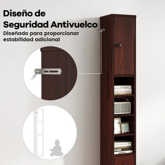 Armário alto estreito 20 x 20 x 180 cm~para casa de banho estreito de arrumação com 1 gaveta e 5 prateleiras ajustáveis Castanho