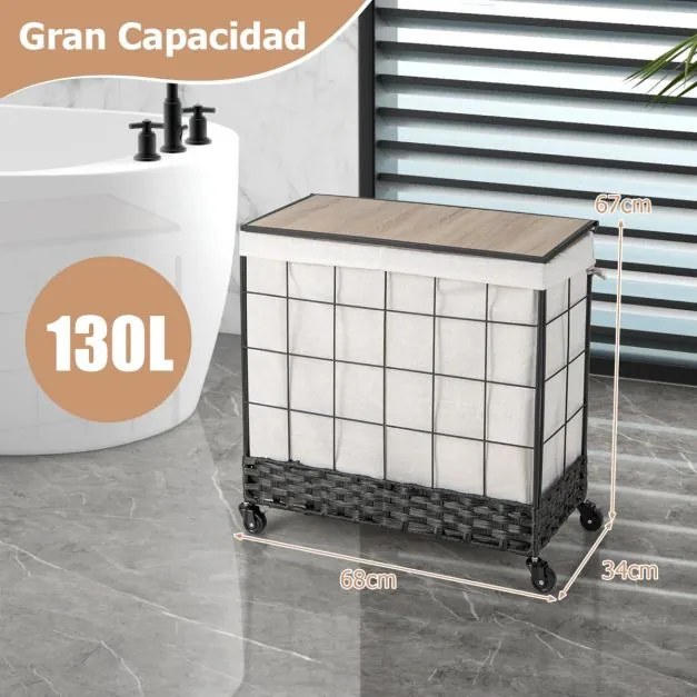 Cesto para roupa suja 130 L  Com Separador em metal com rodas Tampa com fecho Tampa de madeira Saco com forro amovível Dividido Preto