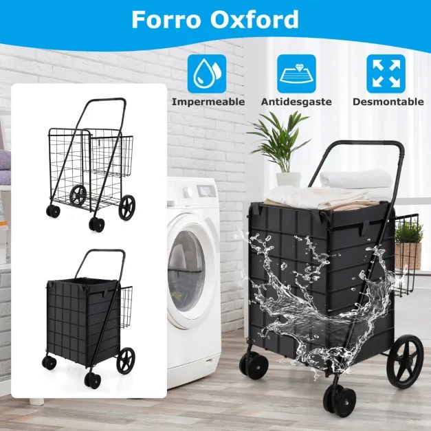 Carrinho de compras com forro oxford 120 l metal carrinho portátil dobrável duplo para carga de lavandaria de supermercado 40 kg 61 x 60 x 102 cm pret