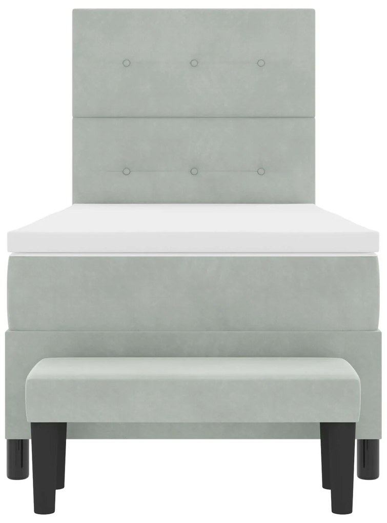 Cama Box Spring com Colchão &amp; Banco Cinza Claro 90x190 cm Veludo