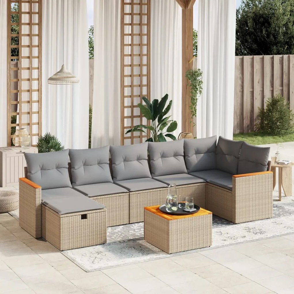 vidaXL 8 pcs conj. sofás jardim c/ almofadões vime PE bege misturado
