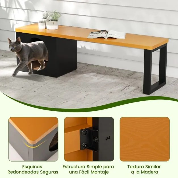 Banco de metal para exterior com 150 cm de comprimento, com casa para gatos, almofada para arranhar e assento com capacidade para 450 kg café e cinza