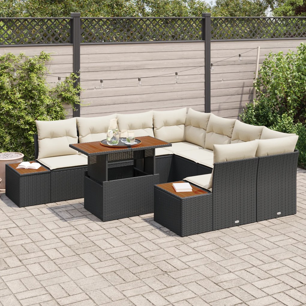 Conjunto de Sofá de Jardim vidaXL 9 Peças com Almofadas Preto Vime de