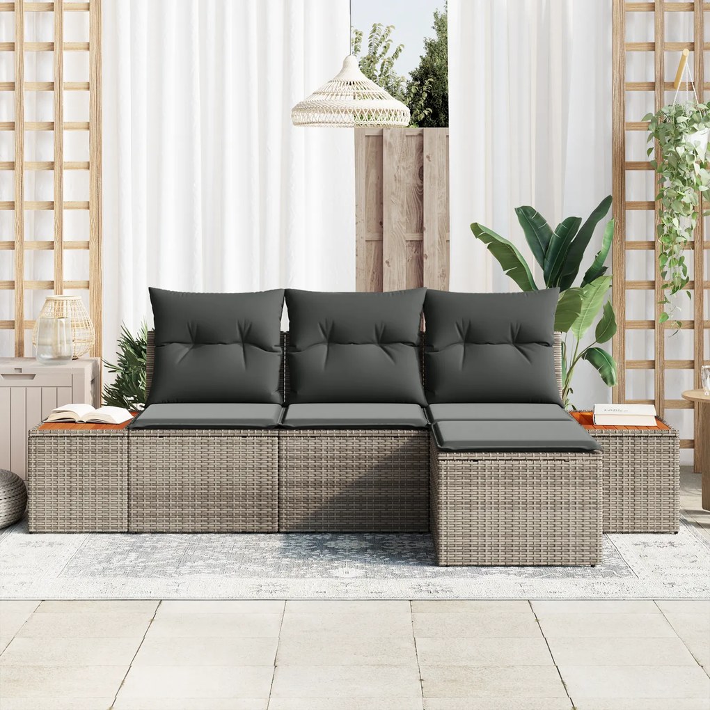 Conjunto de Sofá de Jardim de 4 Peças com Almofadas Cinza Polirattan A