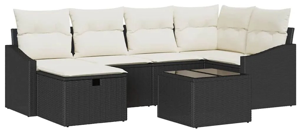 Conjunto de Sofá de Jardim de 7 Peças com Almofadas Preto Rattan Poli