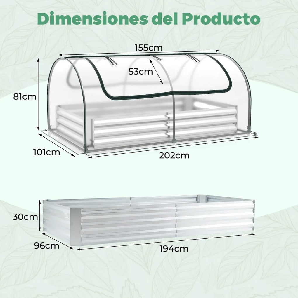 Mini estufa elevada galvanizada para jardim 202 x 101 x 81 cm com cobertura tipo mini-estufa e 2 portas enroláveis para ervas, vegetais e frutas Trans