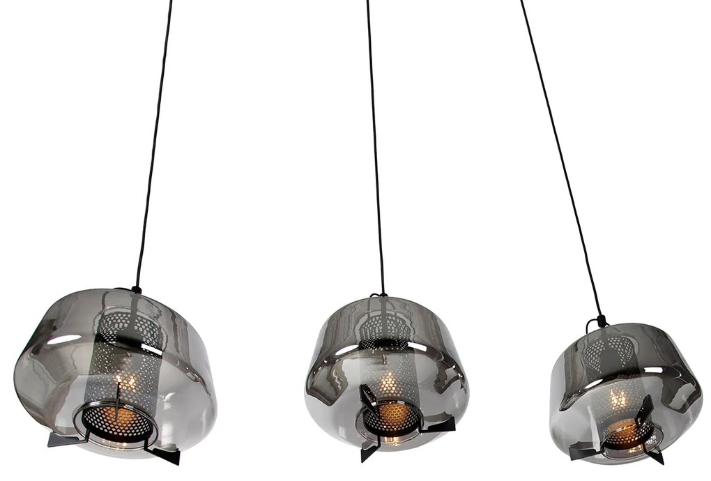 Candeeiro de suspensão preto com vidro fumê 30 cm oblongo 3 luzes - Kevin Art Deco