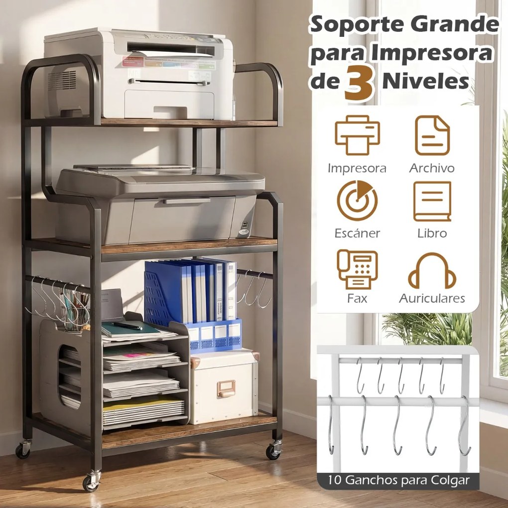 Suporte para impressora portátil 60 x 40 x 110 cm de 3 níveis com rodas, 10 ganchos em S, estrutura metálica Castanho rústico + Preto