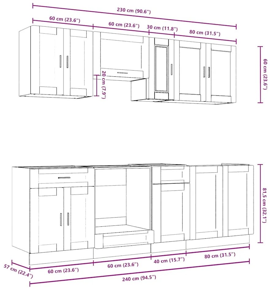 8 peças armário de cozinha conjunto Kalmar cinza sonoma