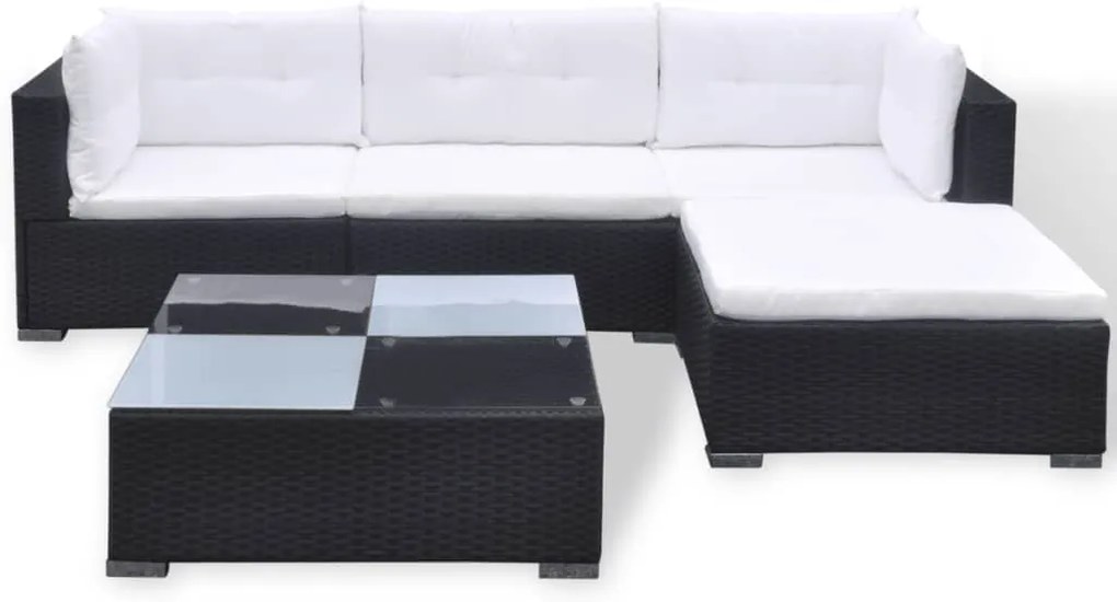 5 pcs conjunto lounge de jardim c/ almofadões vime PE preto