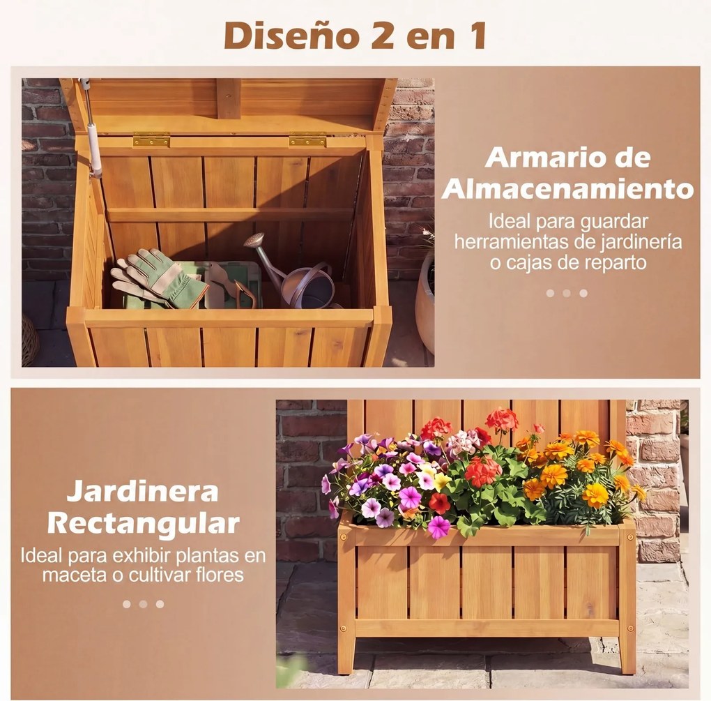 Caixa grande de armazenamento 57 x 52,5 x 70 cm com Floreira em madeira maciça para exterior, com tampa rebatível e pés elevados, para ferramentas de