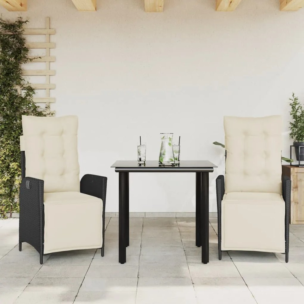 3 pcs conjunto de jantar p/ jardim c/ almofadões vime PE preto