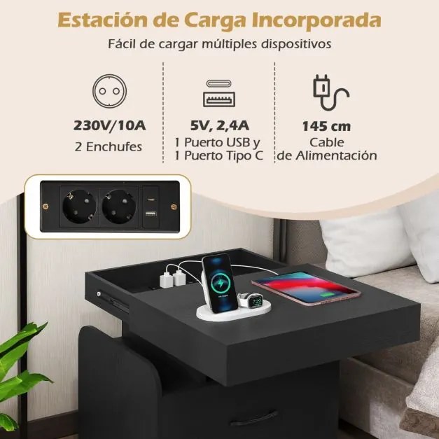 Mesa de cabeceira com estação de carregamento, gaveta e arrumação com tabuleiro e prateleiras abertas para quarto ou sala 50 x 40 x 55 cm Preto