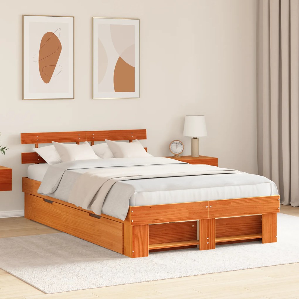 vidaXL Estrutura de Cama com Gavetas Castanha 140x190 cm Madeira de Pinho Maciça