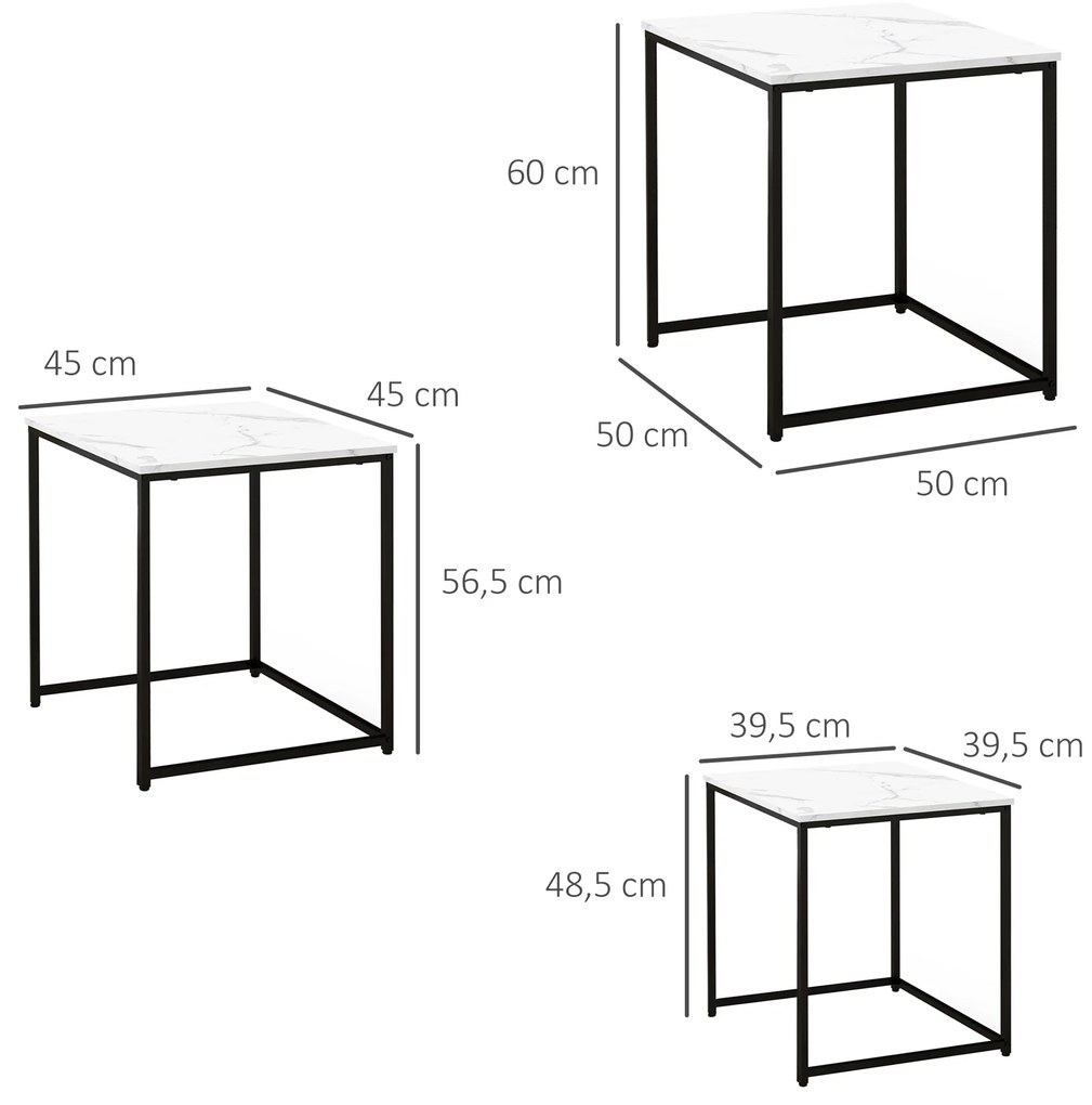 Conjunto de 3 Mesas Auxiliares para Sala de Estar com Efeito Mármore e Estrutura de Aço Estilo Moderno Branco e Preto