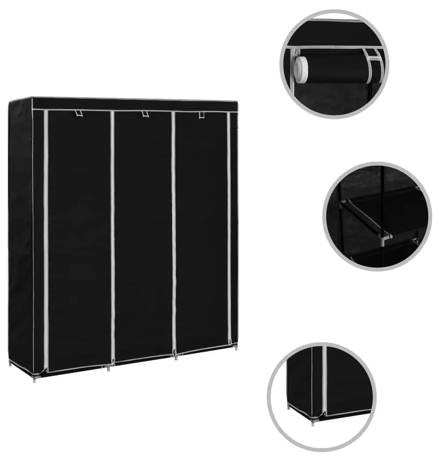 Roupeiro c/ compartimentos e varões 150x45x175 cm tecido preto