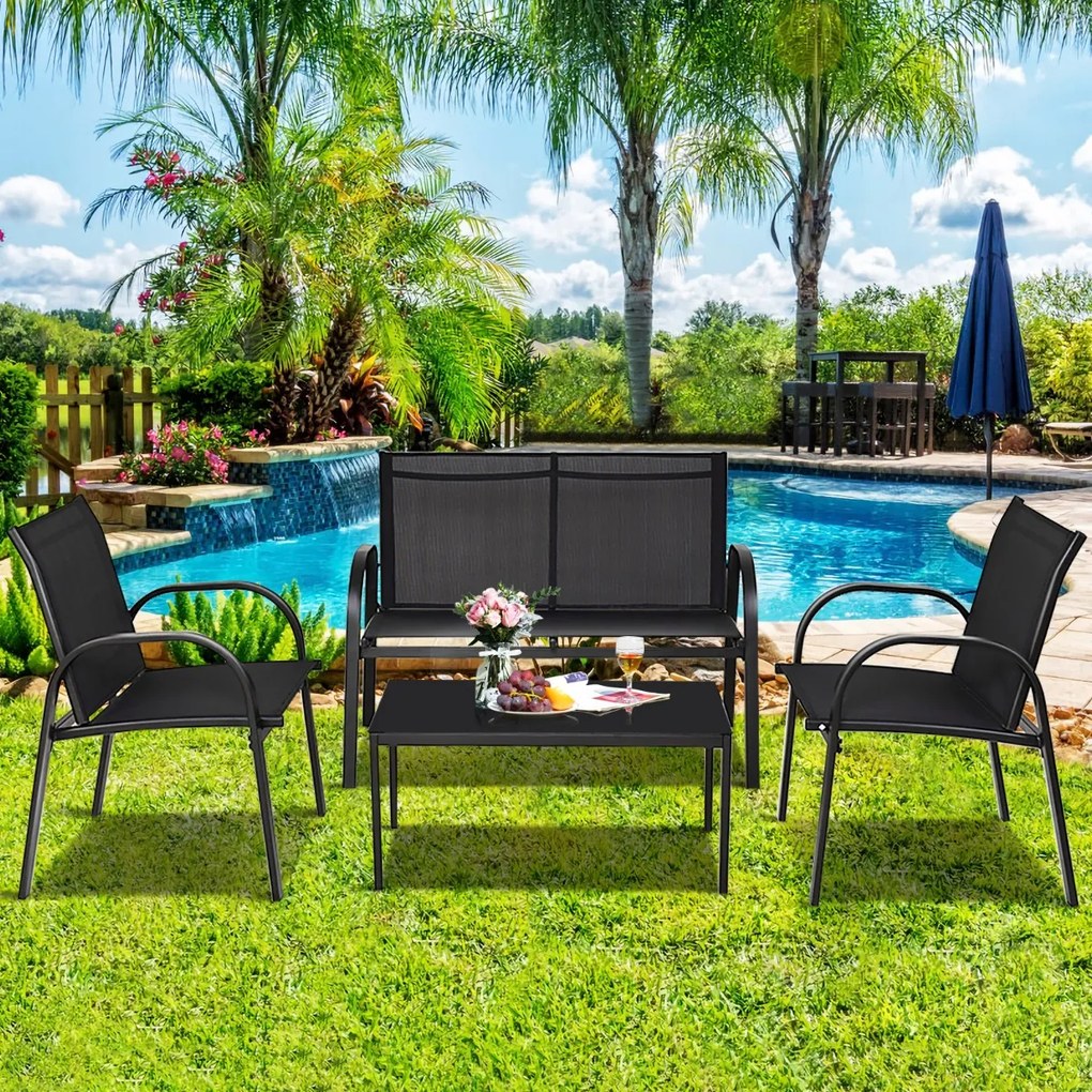 Conjunto de 4 móveis de jardim com mesa de centro de vidro - cinza