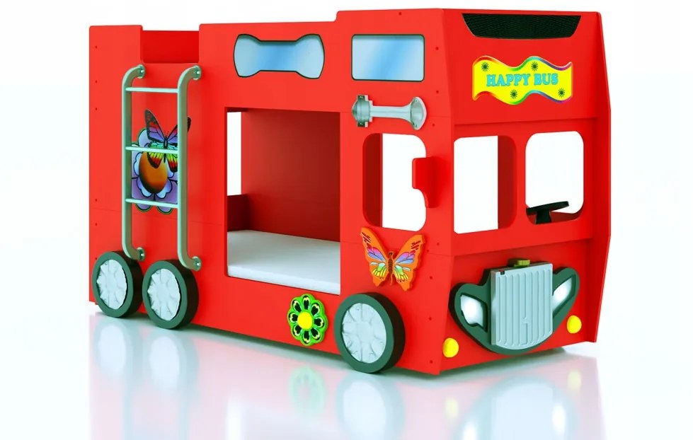 Cama para criança Beliche Autocarro 207 x 116 x 150 cm com Luzes LED 2 colchões e estrados incluídos, capacidade de 100 kg Vermelho