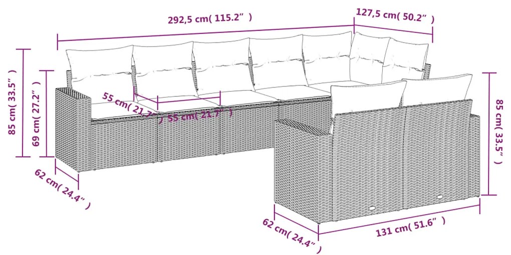 8 pcs conjunto sofás de jardim com almofadões vime PE preto