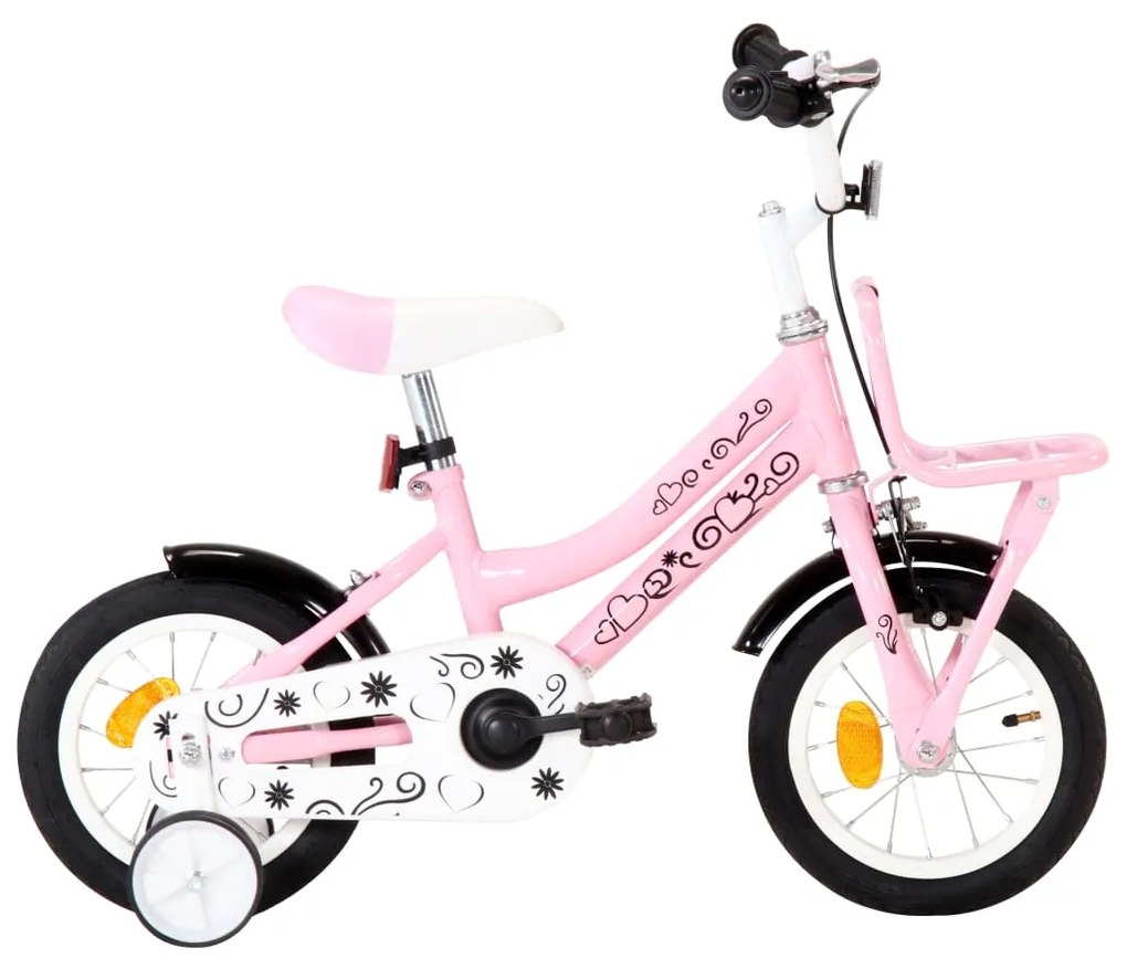 92193 vidaXL Bicicleta criança c/ plataforma frontal roda 12" branco/rosa