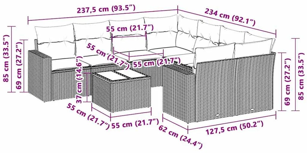 3 pcs conj. sofás jardim c/ almofadões vime PE cinzento-claro
