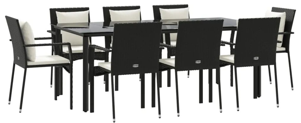 9 pcs conjunto de jantar p/ jardim c/ almofadões vime PE preto