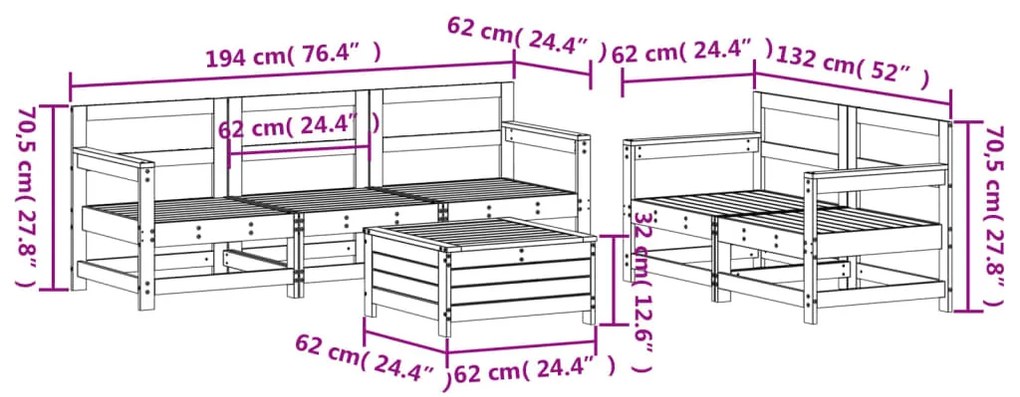 6 pcs conjunto sofás de jardim madeira de pinho maciça