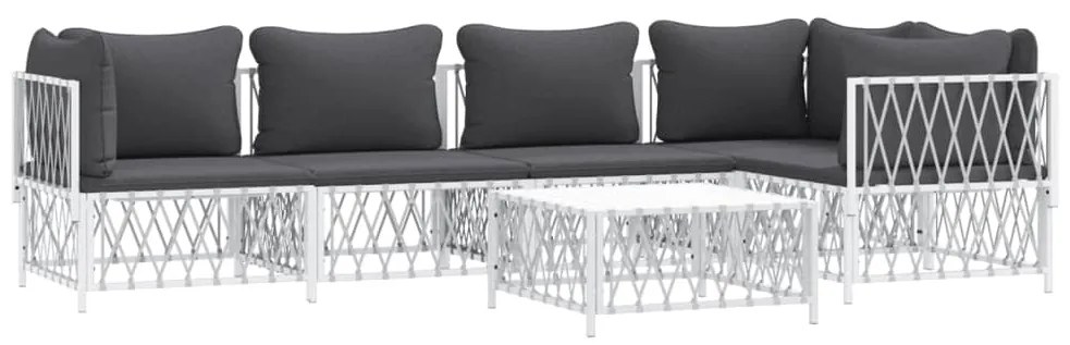 6 pcs conjunto lounge de jardim com almofadões aço branco