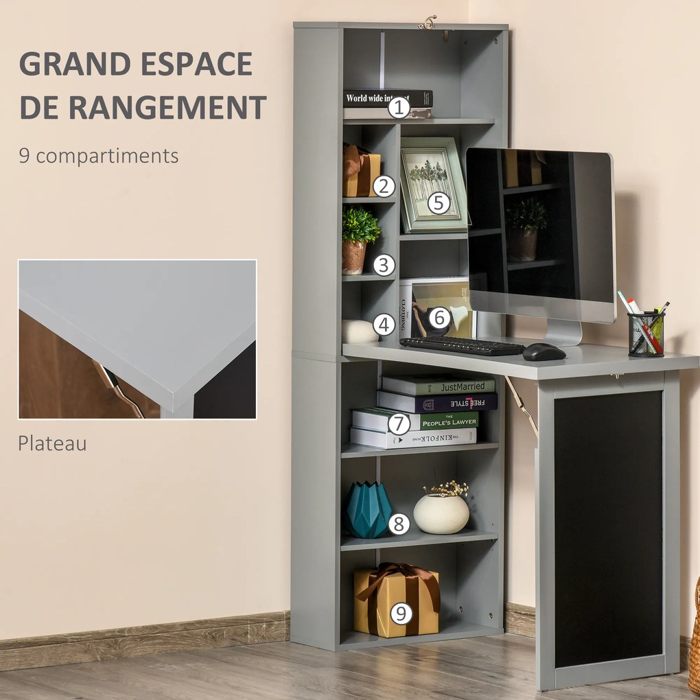 Secretária com arrumação dobrável, fixada à parede e rebatível, com estante, posto de trabalho, quadro de giz e prateleira ajustável