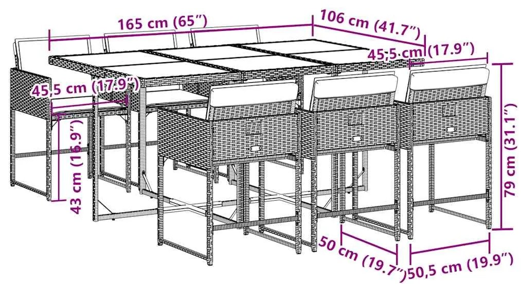 7 pcs conjunto de jantar p/ jardim c/ almofadões vime PE cinza