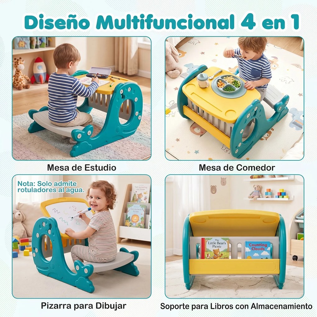 Conjunto de Mesa e Cadeira para Crianças em Forma de Baleia, 67 x 54 x 39 cm, Design 4 em 1, Verde