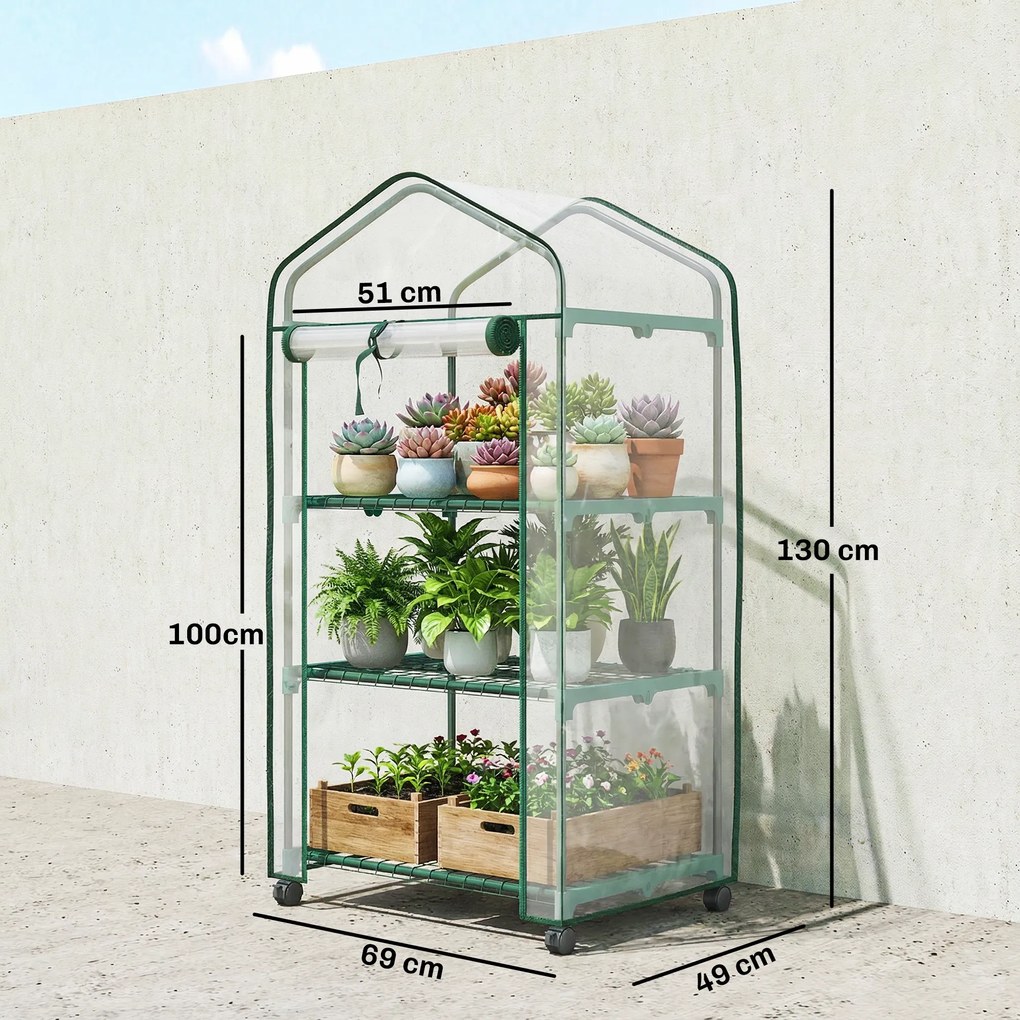 Mini estufa de jardim com 3 prateleiras 69 x 49 x 130 cm, lona de PVC de alta densidade, porta enrolável e 4 Rodas, transparente