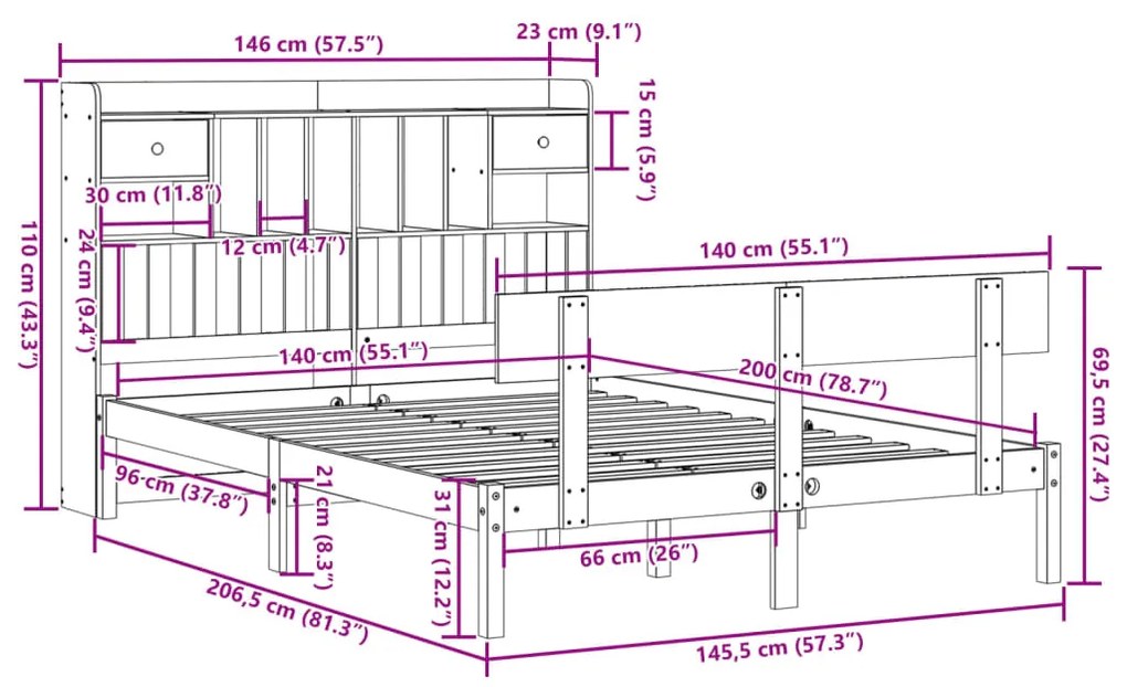 Cama com estante sem colchão 140x200 cm pinho maciço branco