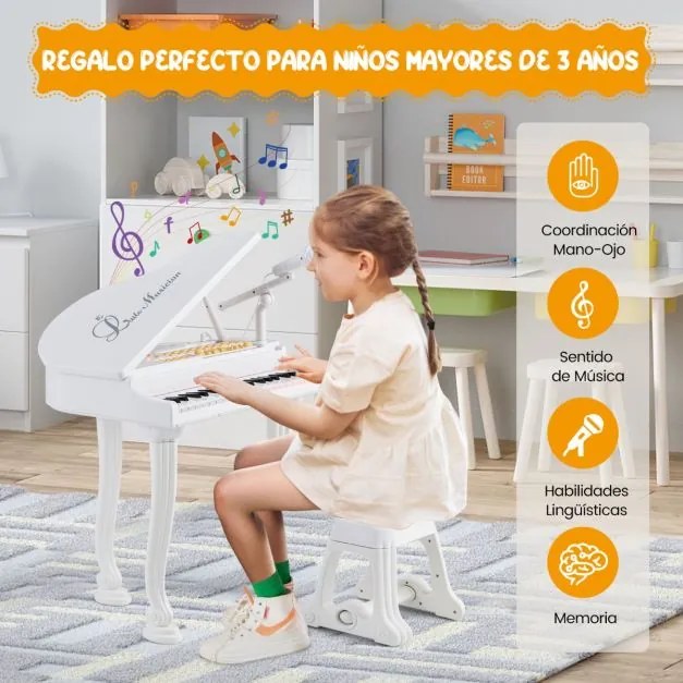 Piano Eletrónico para Crianças com 37 Teclas, Banco e Microfone LED, Modo de Ensino, Função de Gravação e Reprodução, Branco